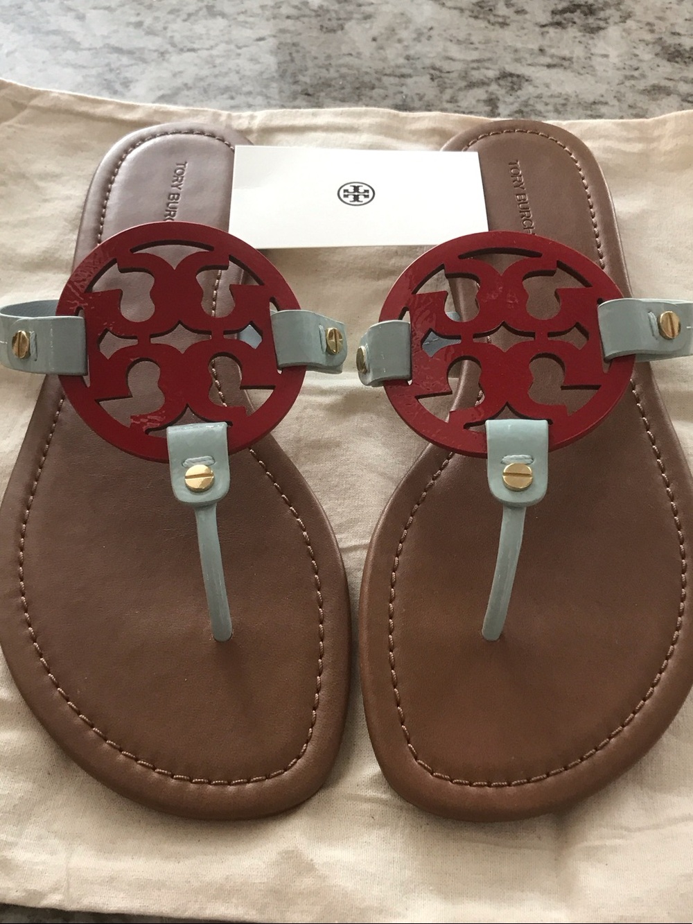 Tory Burch Red Medallion Light Blue Strap Brown Footbed Sandals